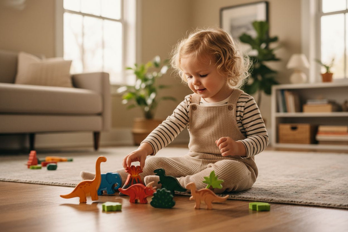 Wooden Dinosaur Play Set Tray, Fair Trade and Handmade Toy Best Years