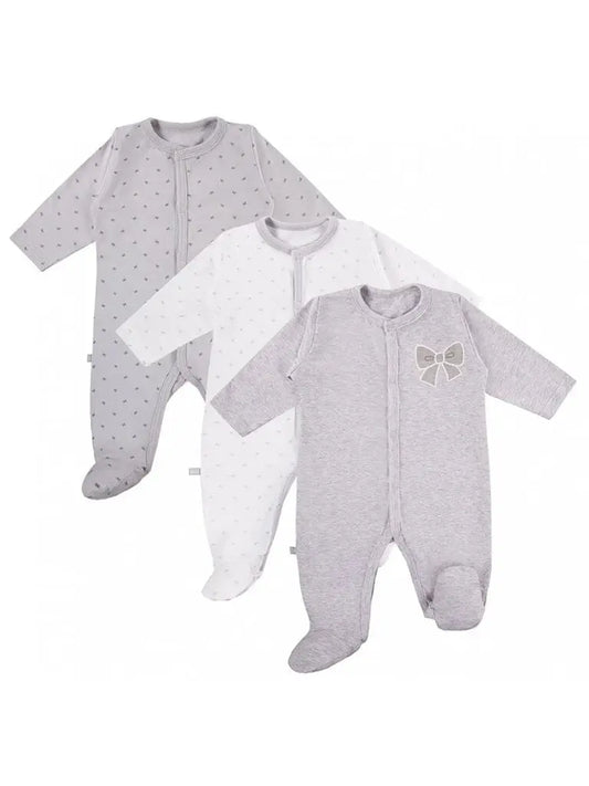 3 Pack Footed Sleepsuits, Bows, Grey Sleepsuit / Babygrow EEVI
