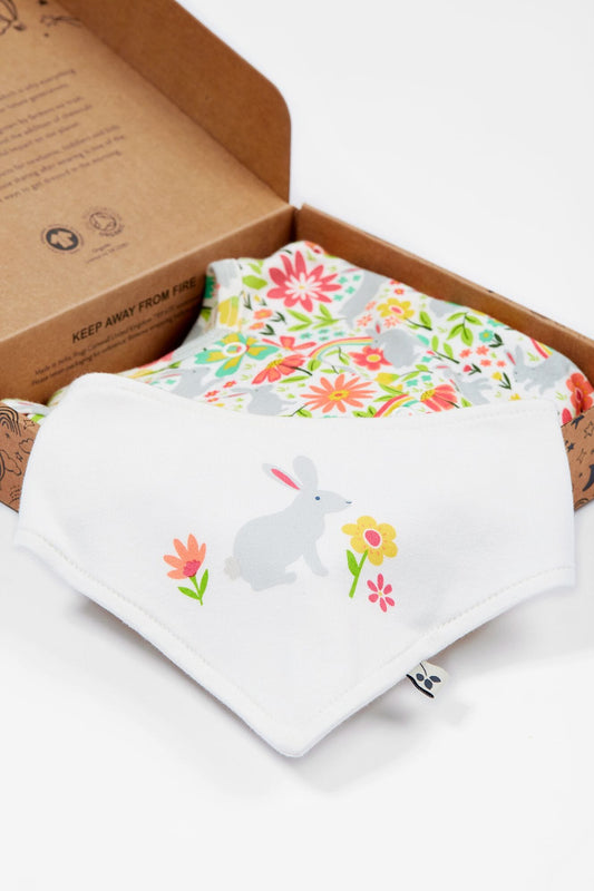Frugi Organic Cotton White Bunny Bounce Babygrow and Dribble Bib Gift Set Sleepsuit / Babygrow Frugi