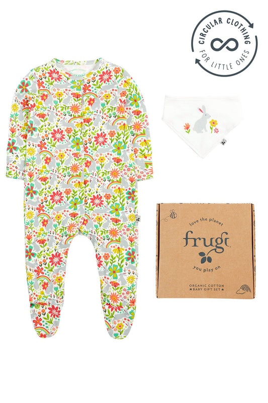 Frugi Organic Cotton White Bunny Bounce Babygrow and Dribble Bib Gift Set Sleepsuit / Babygrow Frugi