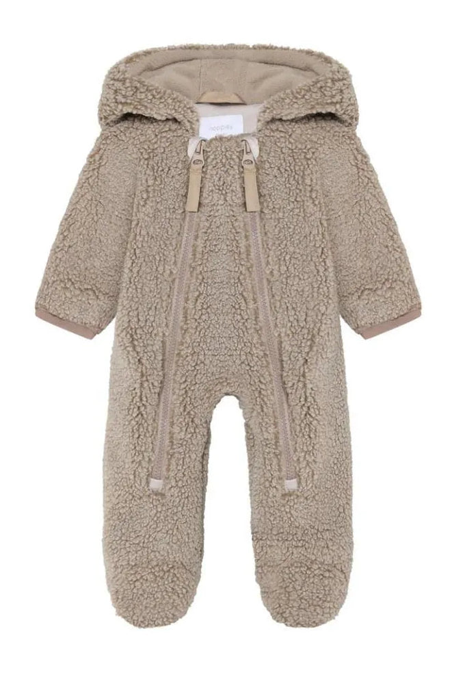A baby's full-body fleece footed onesie in a warm taupe-beige color, featuring a hood with drawstrings and front zipper closures, shown against a plain white background.