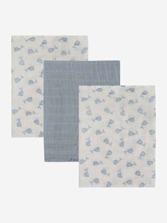 3 Pack, Cotton Muslins, Blue Whales, 65 x 65 cm Blanket Pippi