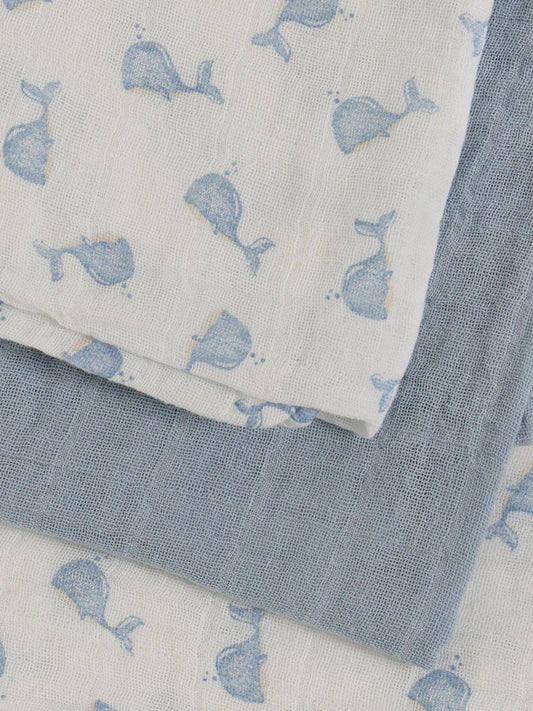 3 Pack, Cotton Muslins, Blue Whales, 65 x 65 cm Blanket Pippi