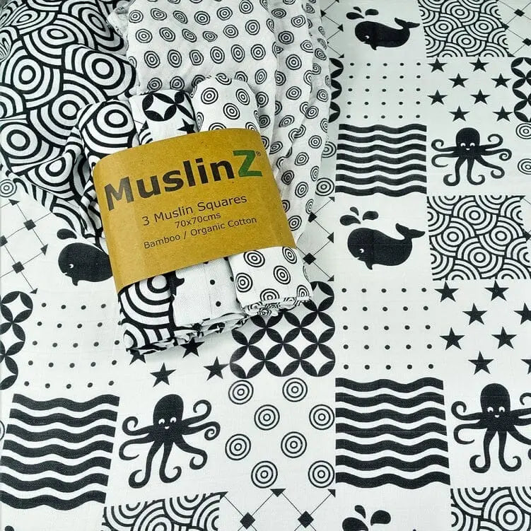 MuslinZ Bamboo/Organic Cotton Muslin Squares, Sensory - 3 Pack Muslin Muslinz