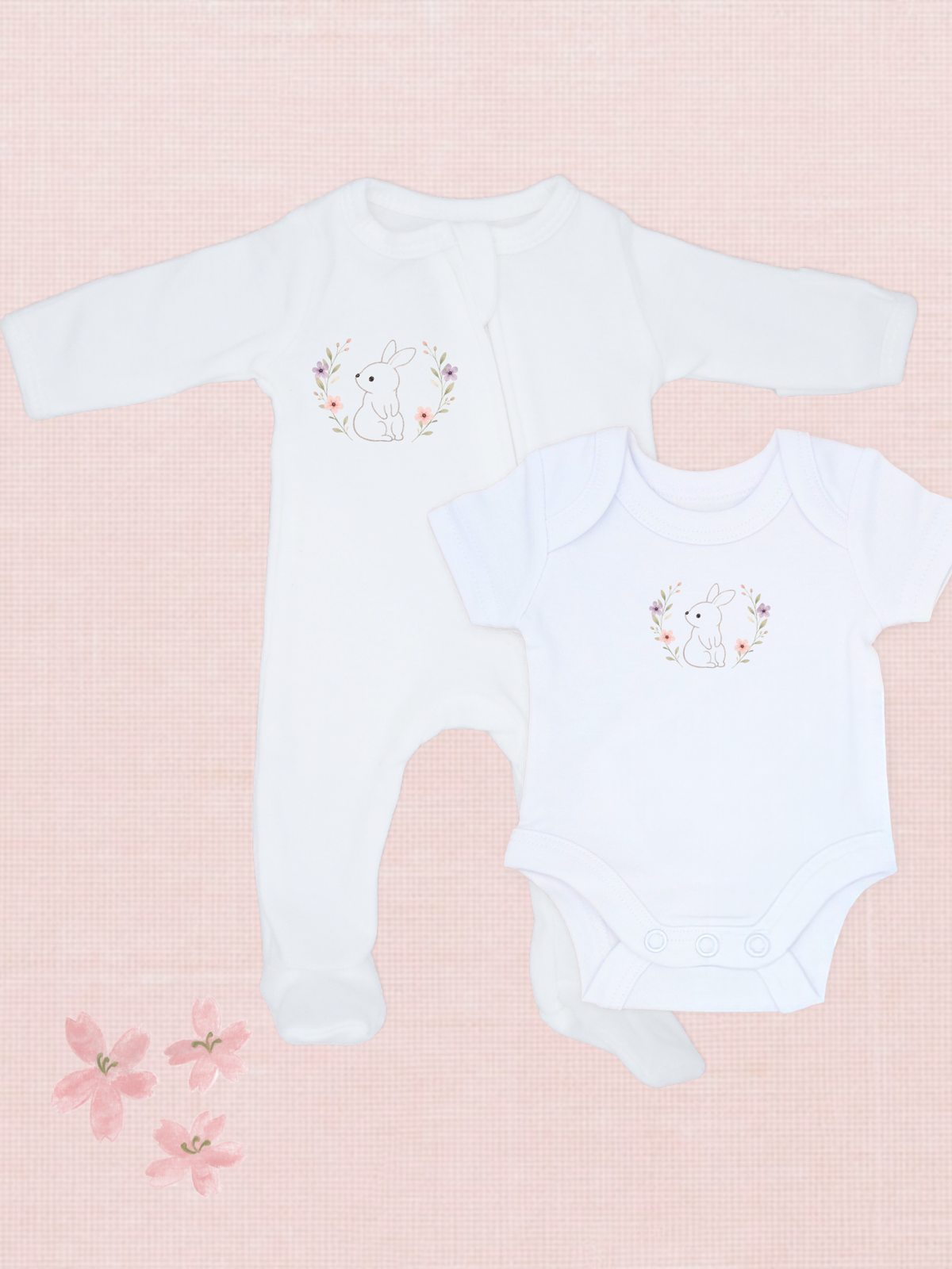 Bunny Sleepsuit (100% cotton) & Bunny White Vest (100% organic cotton).