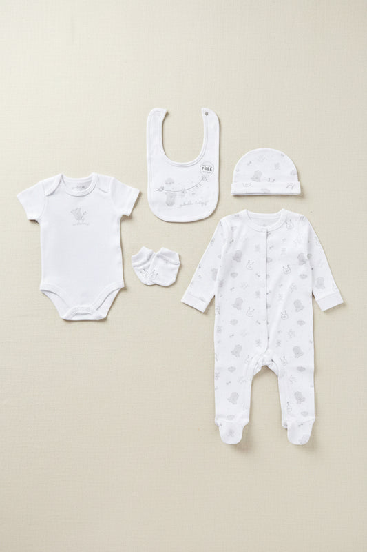 'Hello Baby Teddy Bear' 5 Piece Layette Gift Set - 3 sizes. Rock a Bye Baby