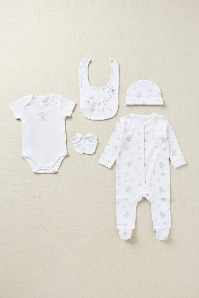 Hello Baby Teddy Bear 5 piece newborn layette gift set by Rock a Bye Baby