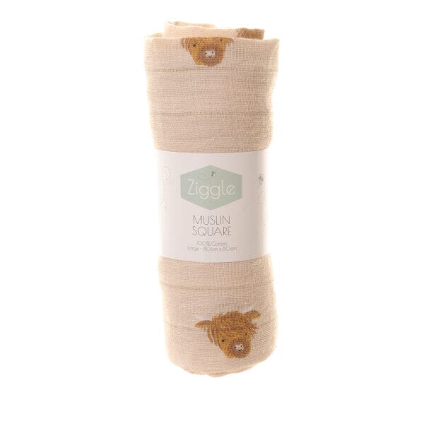 Ziggle Muslin - Highland Cows - 80 x 80 cm Swaddle Blanket Ziggle Baby