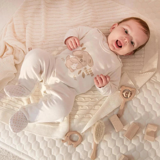 Early Baby Footed Dungarees, Embroidered Puppy Design - Cream Dungaree EEVI