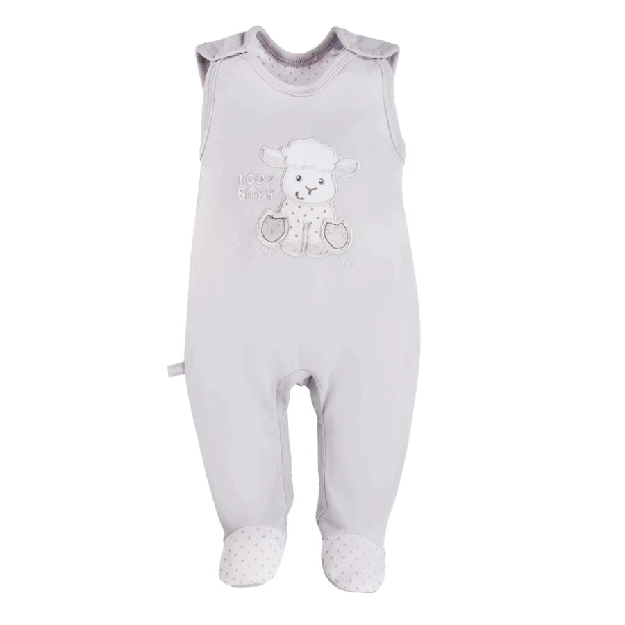 Early Baby Footed Dungarees, Embroidered Lamb Design - Grey Dungaree EEVI