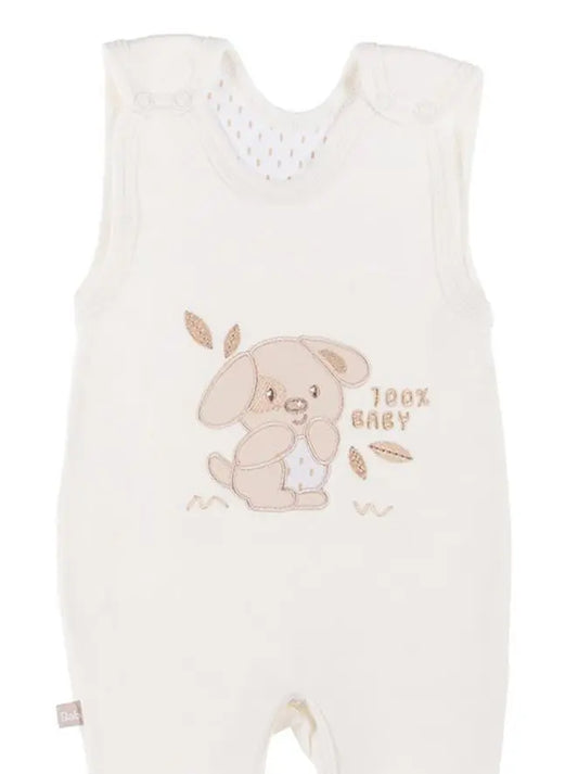 Early Baby Footed Dungarees, Embroidered Puppy Design - Cream EEVI