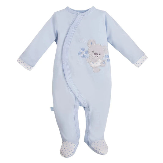 Early Baby Footed Sleepsuit, Embroidered Bear Design - Blue Sleepsuit / Babygrow EEVI