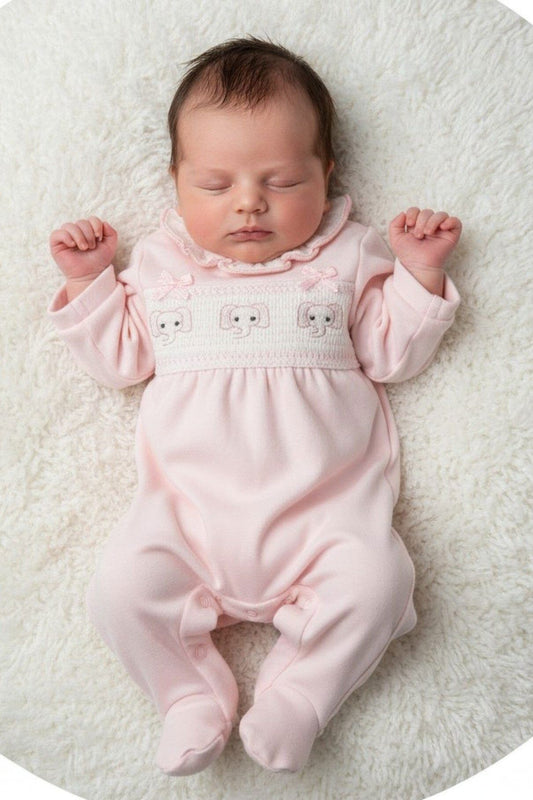Baby Pink Smocked "Elephant" All In One Sleepsuit / Babygrow Tiny Chick