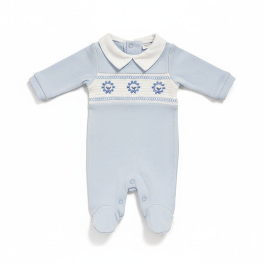 Sky Blue Smocked "Lion" All In One Sleepsuit / Babygrow Tiny Chick