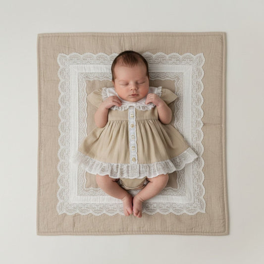 Premature Taupe Baby Lace and Linen Dress Set Dress Tiny Chick