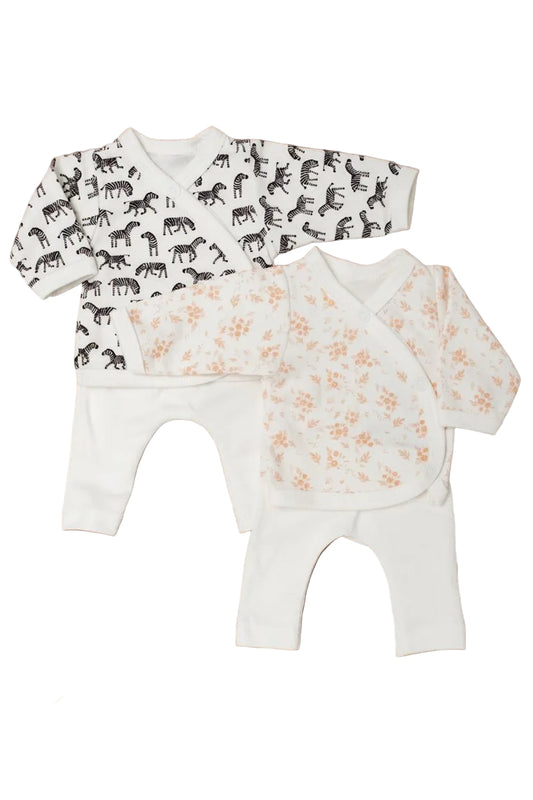 Twin Bundle - 2 piece sets in Little Zebras & Apricot Floral Print, Organic Cotton Multipack Tiny & Small