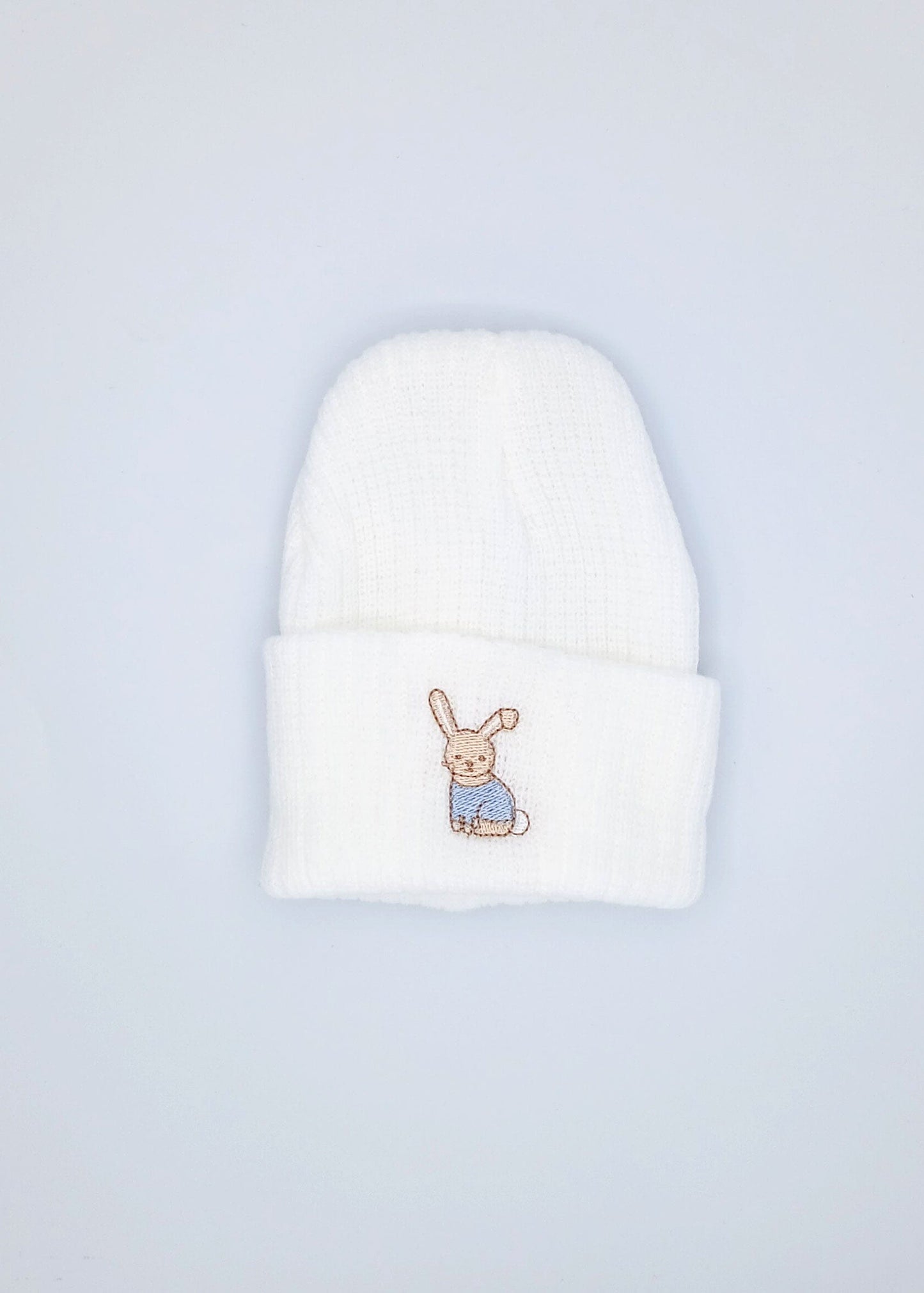 Tiny Baby White Knitted Hat With Blue Rabbit Embroidery Little Mouse Baby Clothing & Gifts