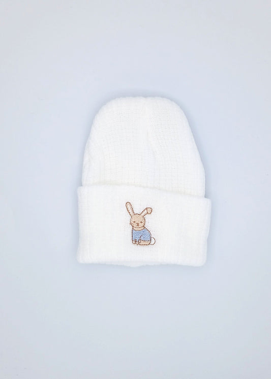 Tiny Baby White Knitted Hat With Blue Rabbit Embroidery Little Mouse Baby Clothing & Gifts