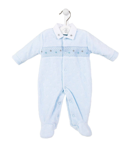 Blue star velour smocked sleepsuit Dandelion
