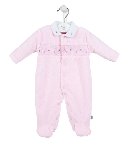 Pink star velour smocked sleepsuit Dandelion
