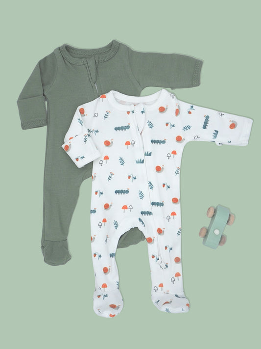 2 Pack Zipped Sleepsuits - Happy Snail and Caterpillar