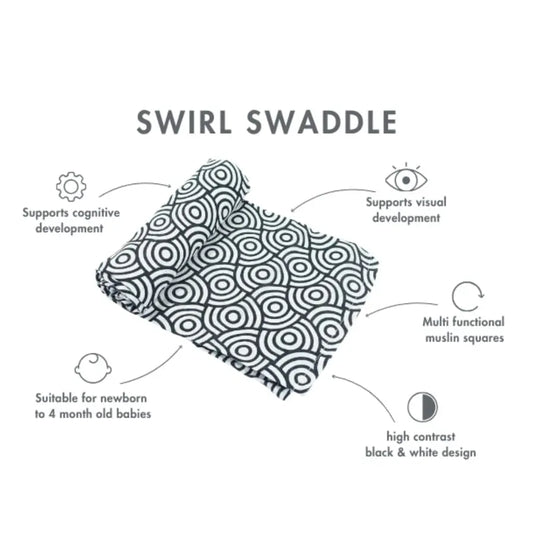 MuslinZ Bamboo/Organic Cotton Swaddle Blanket Black Swirl - 120x120cm Muslin Muslinz