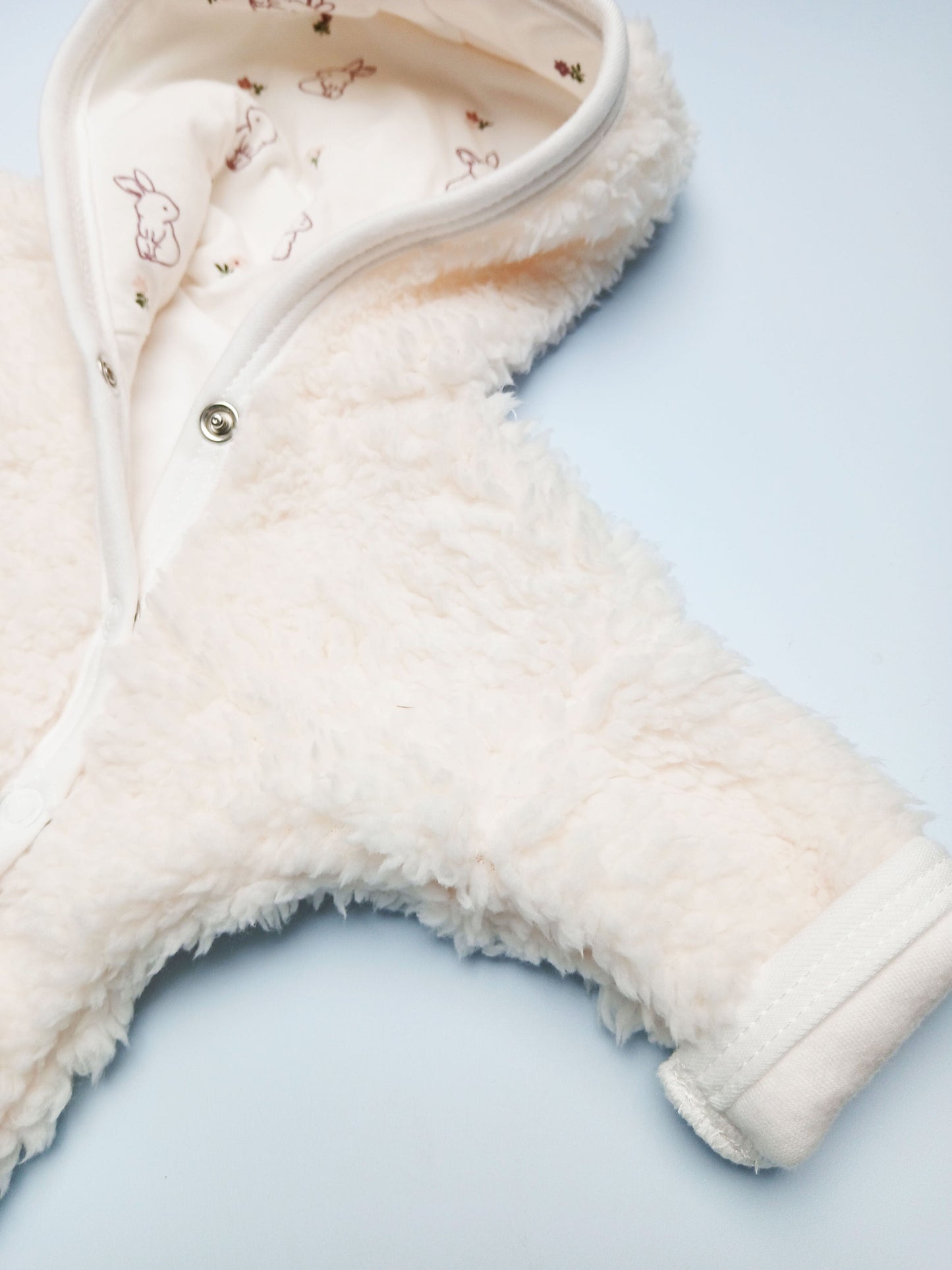Tiny & Small Fluffy Pramsuit - Cream with Rabbit Fabric Hood Tiny & Small