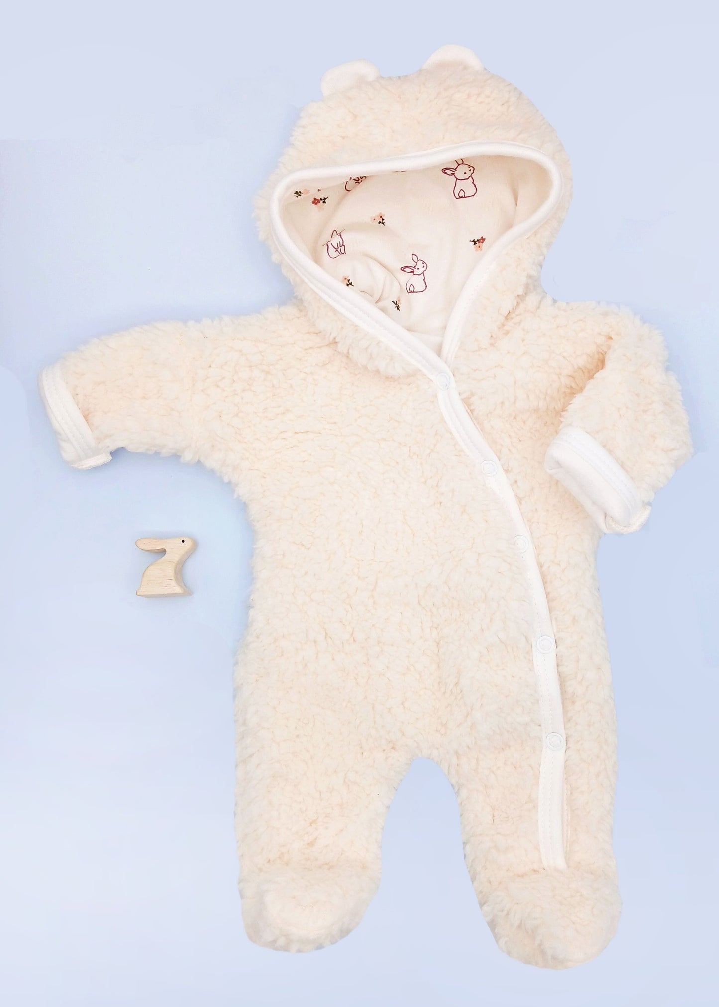 Tiny & Small Fluffy Pramsuit - Cream with Rabbit Fabric Hood Tiny & Small