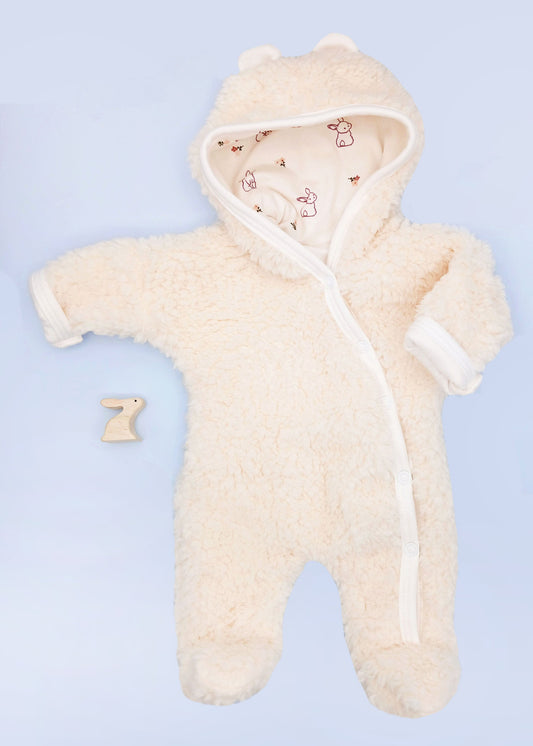 Tiny & Small Fluffy Pramsuit - Cream with Rabbit Fabric Hood Tiny & Small