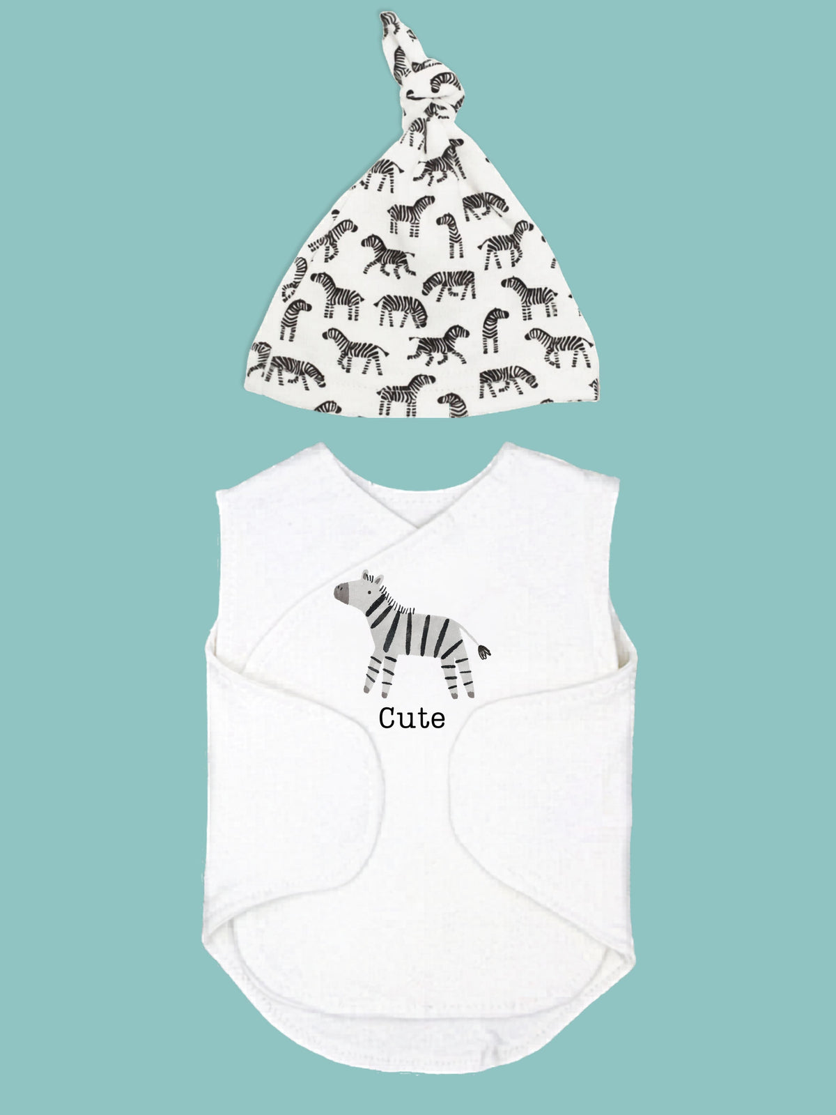 Zebra print organic cotton incubator vest with knotted hat for premature babies, front view