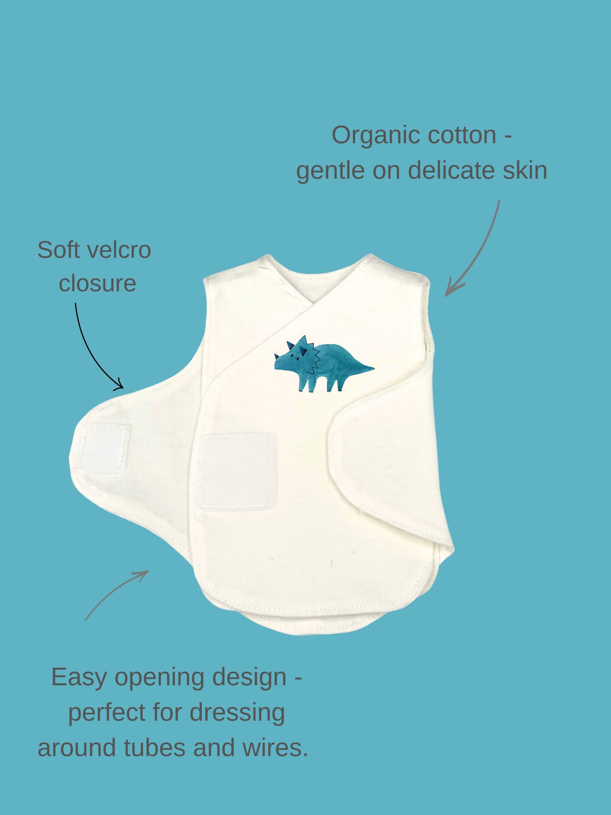 Dino Discovery organic cotton incubator vest 2 pack, lifestyle shot