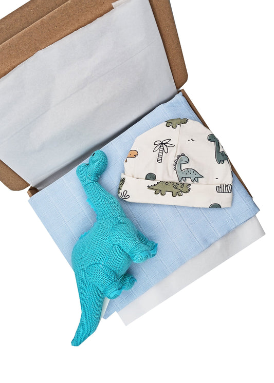 Diplodocus Gift Box - Hat, Muslin and Toy Little Mouse Baby Clothing and Gifts Ltd
