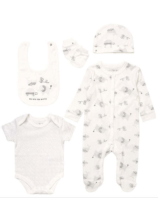 Monochrome Elephant 5 Piece Layette Set Set Rock a Bye Baby