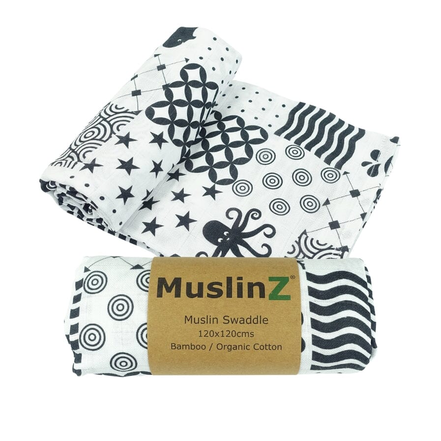 MuslinZ Bamboo/Organic Cotton Swaddle Blanket Sensory - 120x120cm Muslin Muslinz