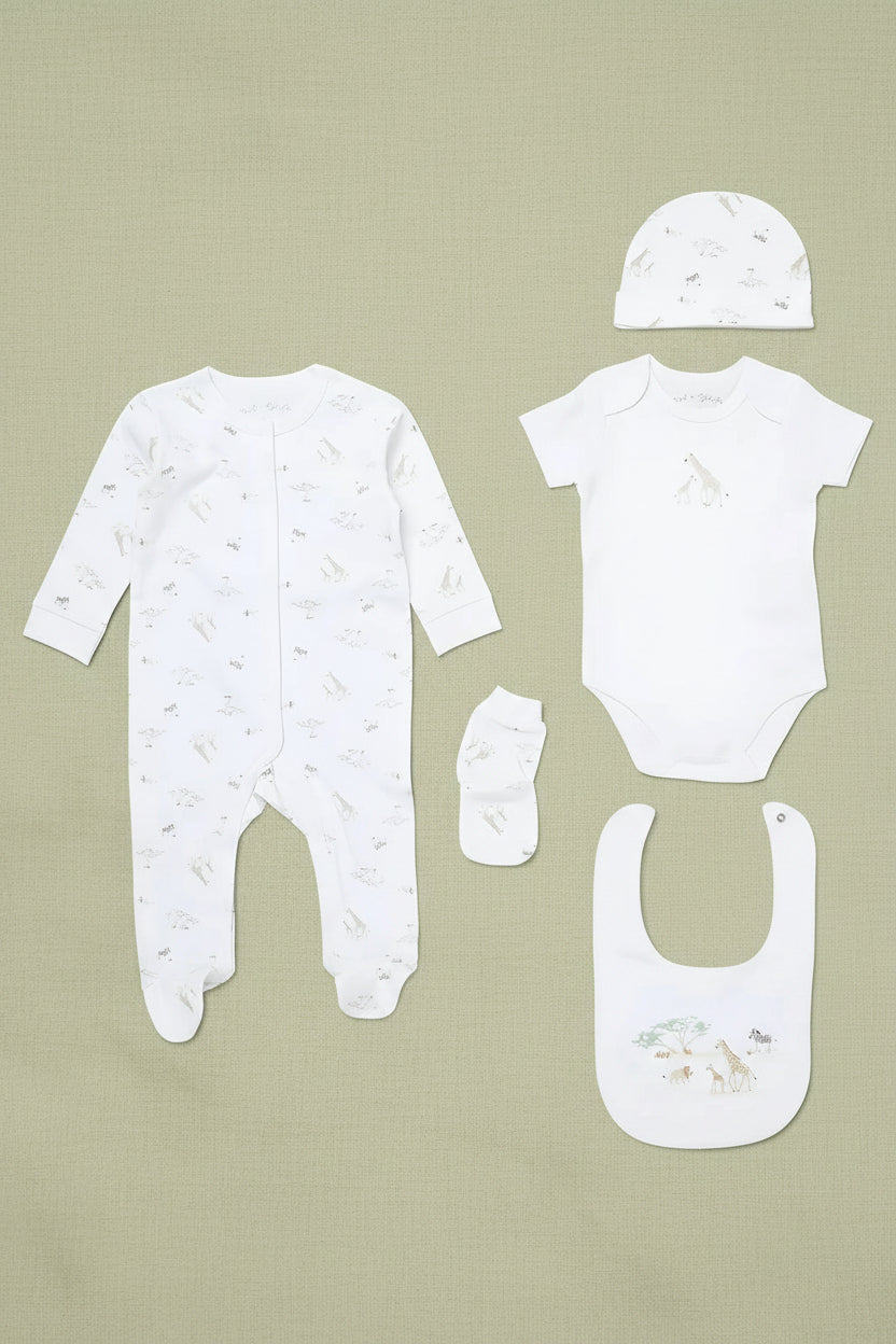 Soft Safari 5 piece newborn layette gift set by Rock a Bye Baby