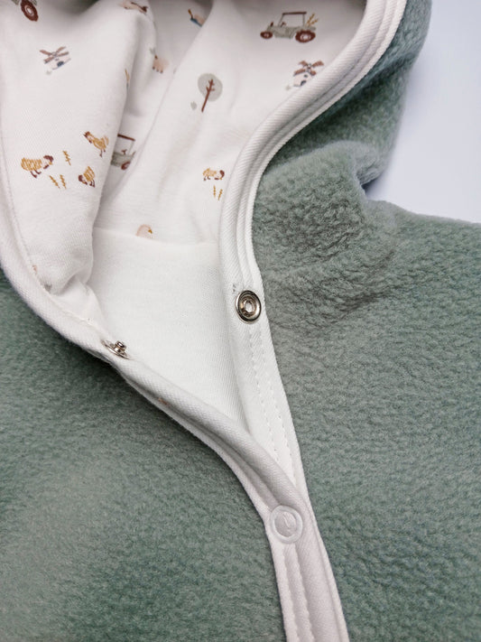 Premature Baby Pramsuit - Green Fleece with Farmyard Fabric Hood Tiny & Small