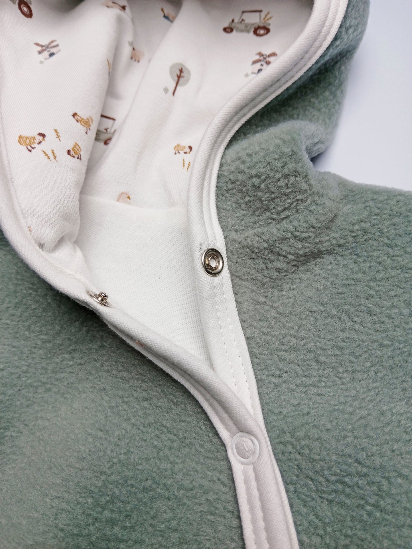 Premature Baby Pramsuit - Green Fleece with Farmyard Fabric Hood Tiny & Small