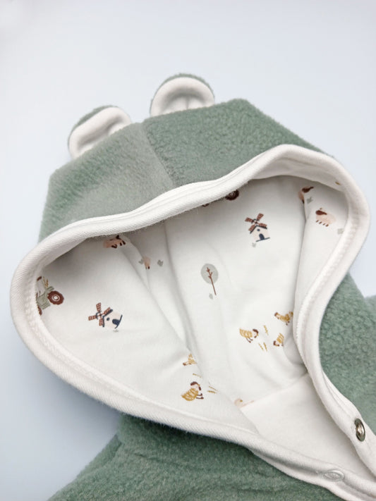 Premature Baby Pramsuit - Green Fleece with Farmyard Fabric Hood Tiny & Small