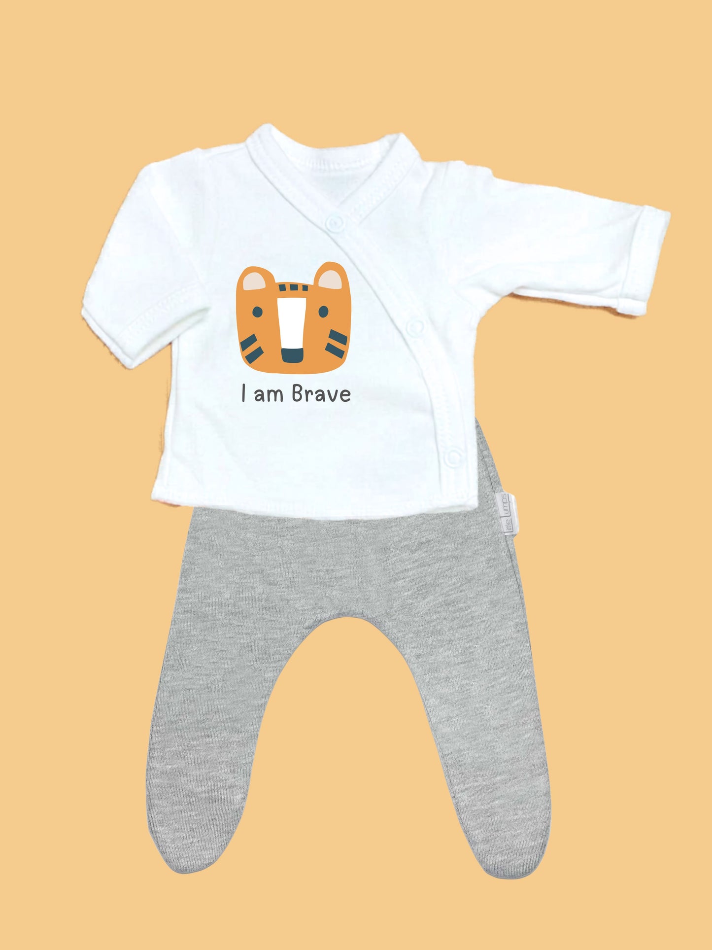 "I Am Brave" tiger print top and grey trouser set for premature babies 3-5lb