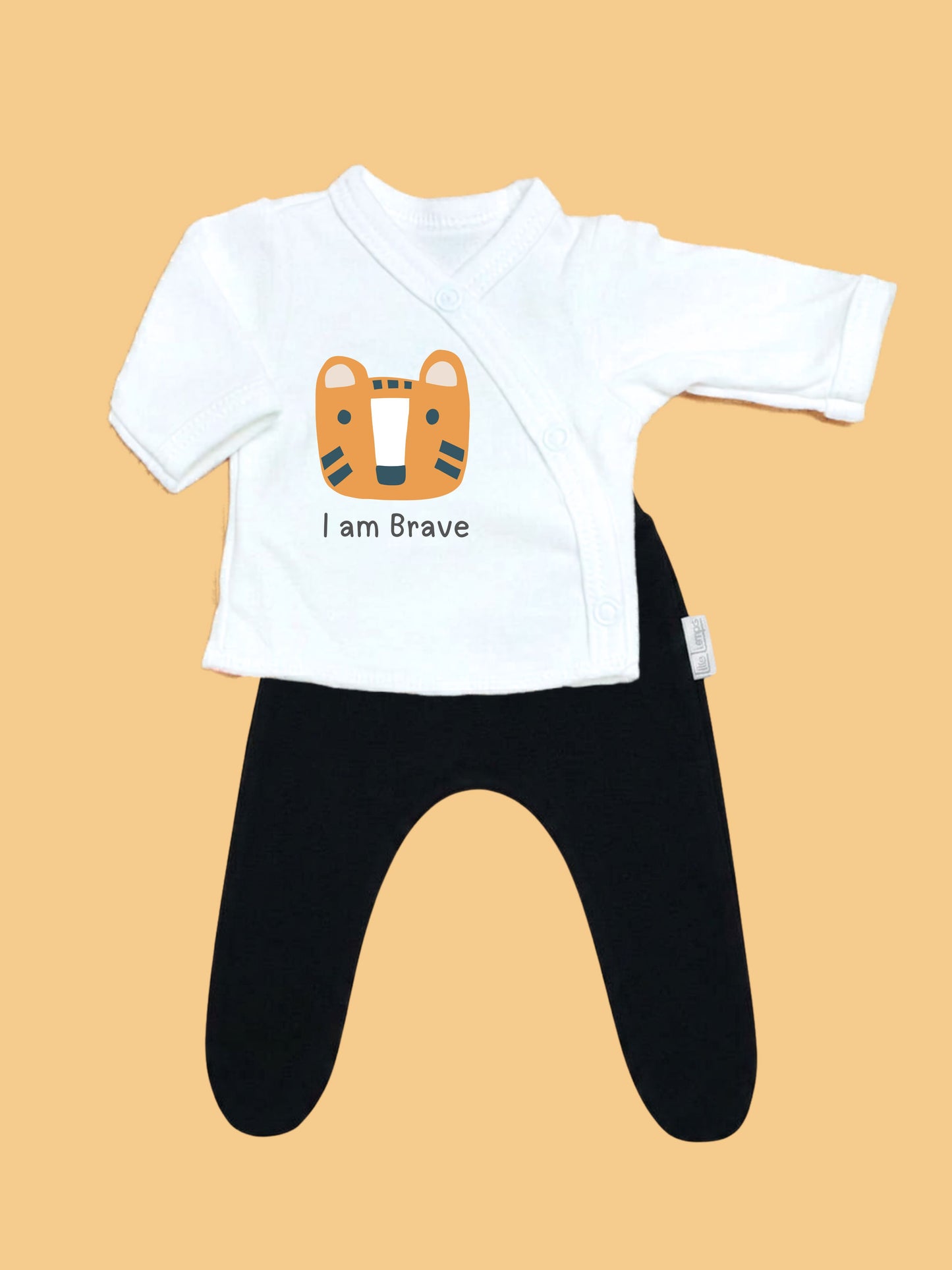 "I Am Brave" tiger print top and black trouser set for premature babies 3-5lb