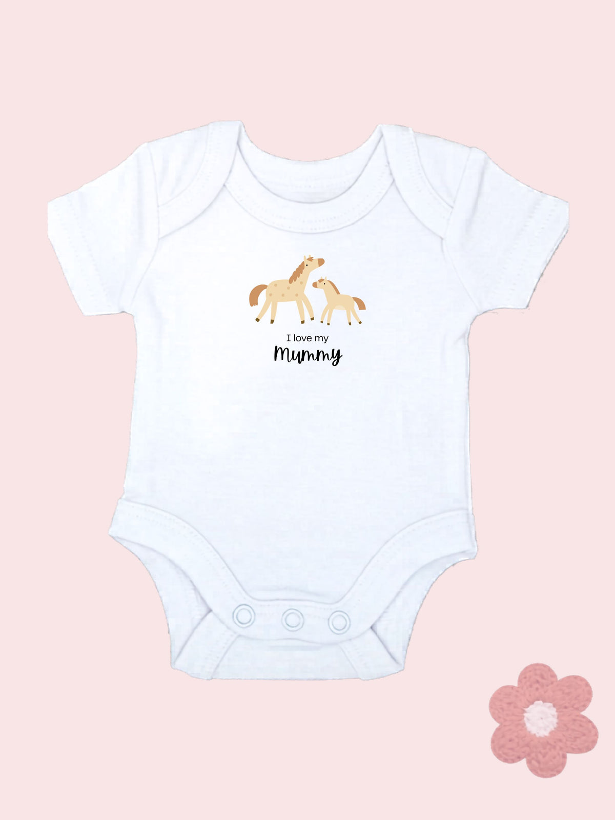 "I Love Mummy" horse motif bodysuit and pink set, close-up of embroidery detail