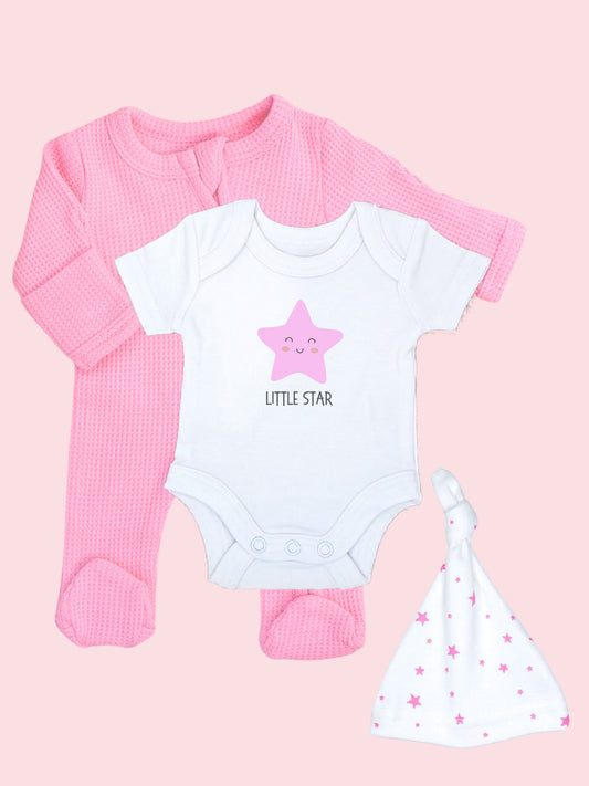 Bright Pink Zipped Sleepsuit, 'Little Star' Motif Bodysuit, Pink Star Hat and Socks Set. Set Little Dreamer