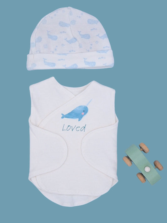 Organic Cotton Hat & Incubator Vest Set with 'Loved' Narwhal Print.