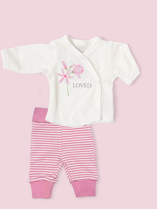 Organic Cotton Premature Baby Wrap Top & Trouser Set - Pink Geranium Top & Trousers Tiny & Small