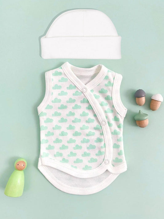 Incubator Vest & Round Hat Set Mint Cloud, 100% Organic Cotton (1.5-3lb) Bodysuit / Vest Tiny & Small
