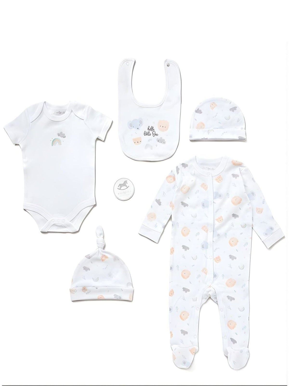 Hello Little One Animals 5 piece newborn layette gift set by Rock a Bye Baby