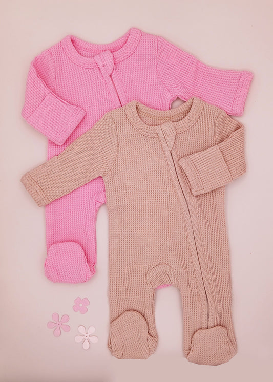 2 Pack Waffle Sleepsuits, Zip, Mitts, Feet - Pink Little Dreamer