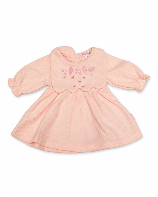 Premature Textured Pink Baby Dress with Leaf Embroidery