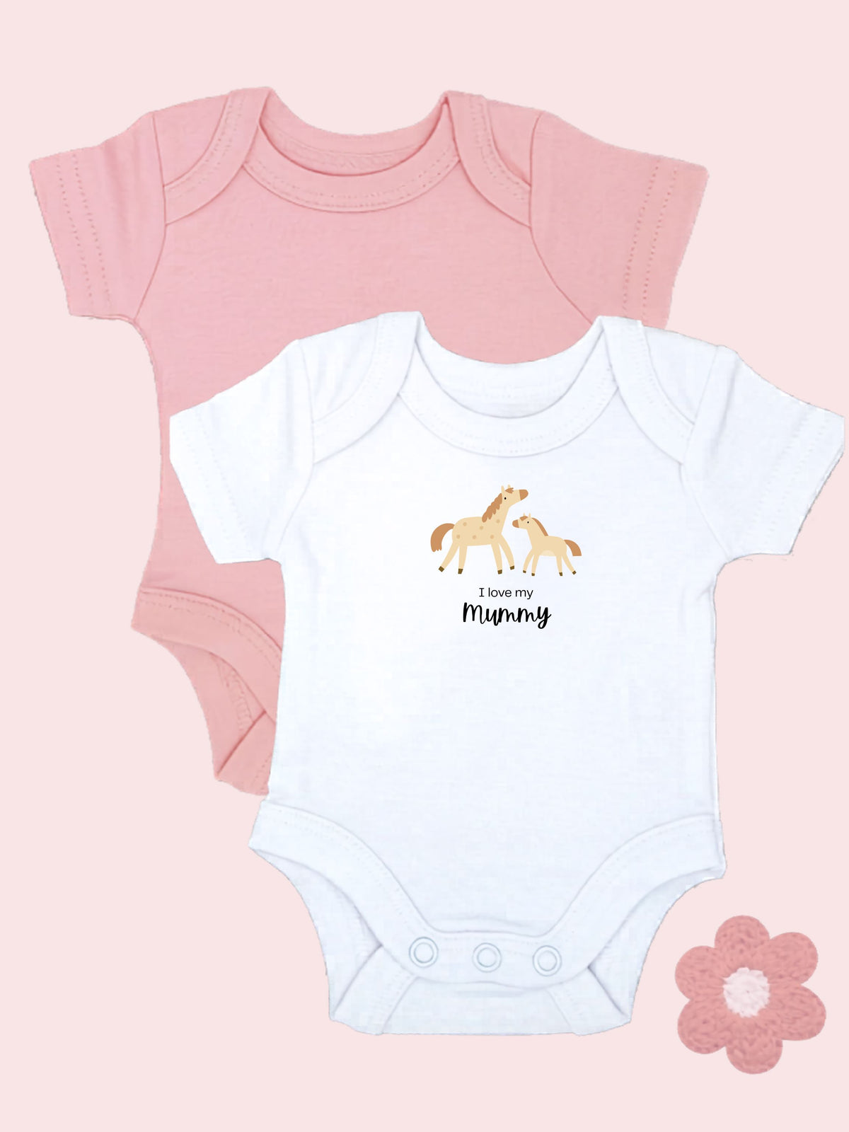 "I Love Mummy" horse motif white bodysuit and pink bodysuit set by Little Dreamer