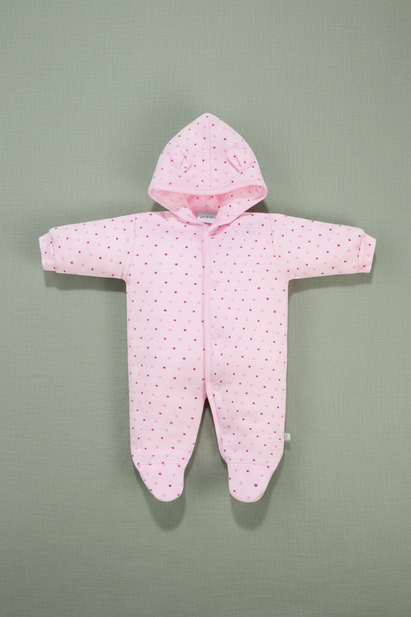 Pink Snowsuit, Bear Ears on Hood Snowsuit / Pramsuit Dandelion 5-8lb